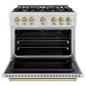 ZLINE - Autograph Edition 36 in. 5.2 cu. ft. Classic Dual Fuel Range with 6 Burner Gas Cooktop and Electric Convection Oven in Stainless Steel with Champagne Bronze Accents