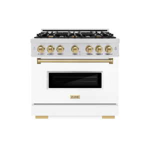 ZLINE - Autograph Edition 36 in. 5.2 cu. ft. Classic Dual Fuel Range with 6 Burner Gas Cooktop and Electric Convection Oven in Stainless Steel with White Matte Door and Champagne Bronze Accents