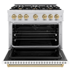 ZLINE - Autograph Edition 36 in. 5.2 cu. ft. Classic Dual Fuel Range with 6 Burner Gas Cooktop and Electric Convection Oven in Stainless Steel with White Matte Door and Champagne Bronze Accents
