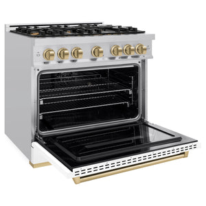 ZLINE - Autograph Edition 36 in. 5.2 cu. ft. Classic Dual Fuel Range with 6 Burner Gas Cooktop and Electric Convection Oven in Stainless Steel with White Matte Door and Champagne Bronze Accents