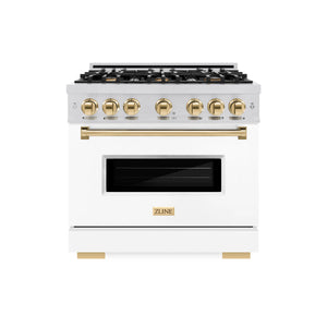 ZLINE - Autograph Edition 36 in. 5.2 cu. ft. Classic Dual Fuel Range with 6 Burner Gas Cooktop and Electric Convection Oven in Stainless Steel with White Matte Door and Polished Gold Accents