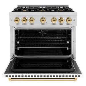 ZLINE - Autograph Edition 36 in. 5.2 cu. ft. Classic Dual Fuel Range with 6 Burner Gas Cooktop and Electric Convection Oven in Stainless Steel with White Matte Door and Polished Gold Accents