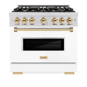 ZLINE - Autograph Edition 36 in. 5.2 cu. ft. Classic Dual Fuel Range with 6 Burner Gas Cooktop and Electric Convection Oven in Stainless Steel with White Matte Door and Polished Gold Accents