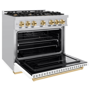 ZLINE - Autograph Edition 36 in. 5.2 cu. ft. Classic Dual Fuel Range with 6 Burner Gas Cooktop and Electric Convection Oven in Stainless Steel with White Matte Door and Polished Gold Accents