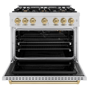 ZLINE - Autograph Edition 36 in. 5.2 cu. ft. Classic Gas Range with 6 Burner Cooktop and Convection Gas Oven in Stainless Steel and Champagne Bronze Accents