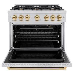 ZLINE - Autograph Edition 36 in. 5.2 cu. ft. Classic Gas Range with 6 Burner Cooktop and Convection Gas Oven in Stainless Steel and Polished Gold Accents