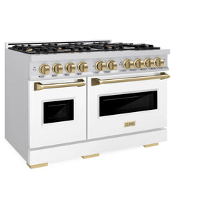 ZLINE - Autograph Edition 48 in. 6.7 cu. ft. Classic Double Oven Dual Fuel Range with 8 Burner Gas Cooktop in Stainless Steel with White Matte Doors and Champagne Bronze Accents