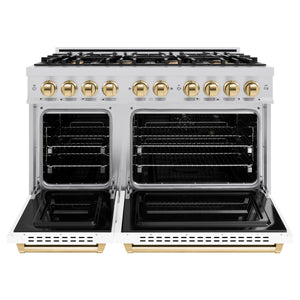 ZLINE - Autograph Edition 48 in. 6.7 cu. ft. Classic Double Oven Dual Fuel Range with 8 Burner Gas Cooktop in Stainless Steel with White Matte Door and Polished Gold Accents