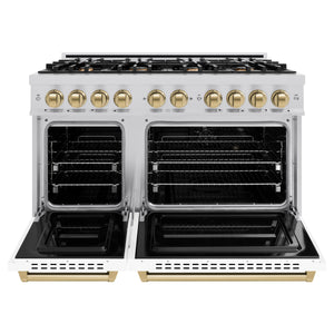 ZLINE - Autograph Edition 48 in. 6.7 cu. ft. Classic Double Oven Gas Range with 8 Burner Cooktop in Stainless Steel with White Matte Doors and Champagne Bronze Accents