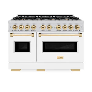 ZLINE - Autograph Edition 48 in. 6.7 cu. ft. Classic Double Oven Gas Range with 8 Burner Cooktop in Stainless Steel with White Matte Doors and Polished Gold Accents