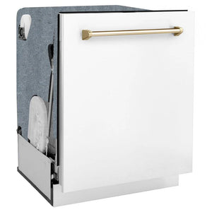 ZLINE - 36" Autograph Edition Kitchen Package with Stainless Steel Dual Fuel Range with White Matte Door, Range Hood and Dishwasher with Polished Gold Accents