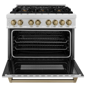 ZLINE - Autograph Edition 36 in. 4.6 cu. ft. Legacy Dual Fuel Range with 6 Burner Gas Cooktop and Electric Convection Oven in Satin Stainless Steel and Champagne Bronze Accents