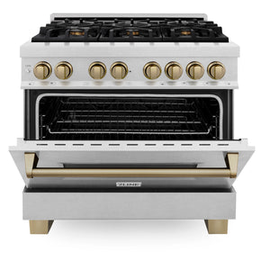 ZLINE - Autograph Edition 36 in. 4.6 cu. ft. Legacy Dual Fuel Range with 6 Burner Gas Cooktop and Electric Convection Oven in Satin Stainless Steel and Champagne Bronze Accents