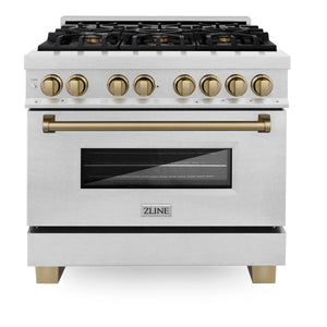 ZLINE - Autograph Edition 36 in. 4.6 cu. ft. Legacy Dual Fuel Range with 6 Burner Gas Cooktop and Electric Convection Oven in Satin Stainless Steel and Champagne Bronze Accents