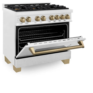 ZLINE - Autograph Edition 36 in. 4.6 cu. ft. Legacy Dual Fuel Range with 6 Burner Gas Cooktop and Electric Convection Oven in Satin Stainless Steel and Champagne Bronze Accents