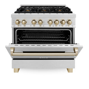 ZLINE - Autograph Edition 36 in. 4.6 cu. ft. Legacy Dual Fuel Range with 6 Burner Gas Cooktop and Electric Convection Oven in Satin Stainless Steel and Polished Gold Accents