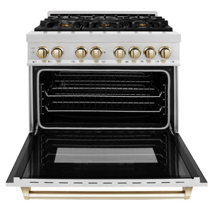ZLINE - Autograph Edition 36 in. 4.6 cu. ft. Legacy Dual Fuel Range with 6 Burner Gas Cooktop and Electric Convection Oven in Satin Stainless Steel and Polished Gold Accents