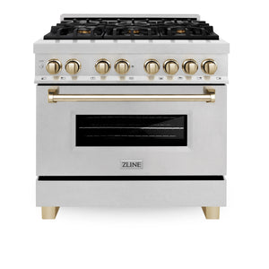 ZLINE - Autograph Edition 36 in. 4.6 cu. ft. Legacy Dual Fuel Range with 6 Burner Gas Cooktop and Electric Convection Oven in Satin Stainless Steel and Polished Gold Accents