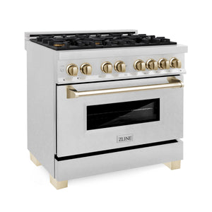 ZLINE - Autograph Edition 36 in. 4.6 cu. ft. Legacy Dual Fuel Range with 6 Burner Gas Cooktop and Electric Convection Oven in Satin Stainless Steel and Polished Gold Accents