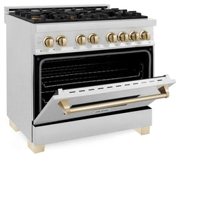 ZLINE - Autograph Edition 36 in. 4.6 cu. ft. Legacy Dual Fuel Range with 6 Burner Gas Cooktop and Electric Convection Oven in Satin Stainless Steel and Polished Gold Accents