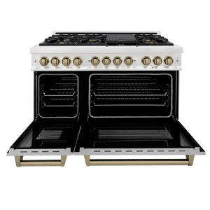 ZLINE - Autograph Edition 48 in. 6.0 cu. ft. Legacy Dual Fuel Range with 7 Burner Gas Cooktop and 2 Electric Ovens in Satin Stainless Steel and Champagne Bronze Accents