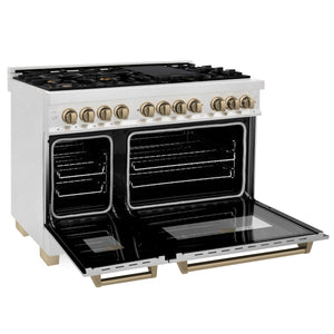ZLINE - Autograph Edition 48 in. 6.0 cu. ft. Legacy Dual Fuel Range with 7 Burner Gas Cooktop and 2 Electric Ovens in Satin Stainless Steel and Champagne Bronze Accents