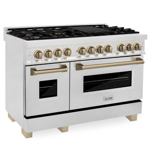 ZLINE - Autograph Edition 48 in. 6.0 cu. ft. Legacy Dual Fuel Range with 7 Burner Gas Cooktop and 2 Electric Ovens in Satin Stainless Steel and Champagne Bronze Accents