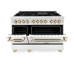 ZLINE - Autograph Edition 48 in. 6.0 cu. ft. Legacy Dual Fuel Range with 7 Burner Gas Cooktop and 2 Electric Ovens in Satin Stainless Steel with White Matte Doors and Polished Gold Accents