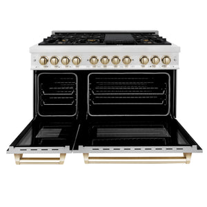 ZLINE - Autograph Edition 48 in. 6.0 cu. ft. Legacy Dual Fuel Range with 7 Burner Gas Cooktop and 2 Electric Ovens in Satin Stainless Steel with White Matte Doors and Polished Gold Accents