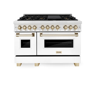 ZLINE - Autograph Edition 48 in. 6.0 cu. ft. Legacy Dual Fuel Range with 7 Burner Gas Cooktop and 2 Electric Ovens in Satin Stainless Steel with White Matte Doors and Polished Gold Accents