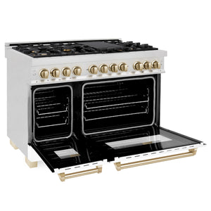 ZLINE - Autograph Edition 48 in. 6.0 cu. ft. Legacy Dual Fuel Range with 7 Burner Gas Cooktop and 2 Electric Ovens in Satin Stainless Steel with White Matte Doors and Polished Gold Accents