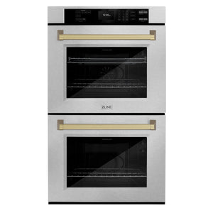 ZLINE - 30 in. Autograph Edition Professional True Convection Double Wall Oven with Air Fry and Self Clean in Satin Stainless Steel with Champagne Bronze Handles