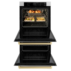 ZLINE - 30 in. Autograph Edition Professional True Convection Double Wall Oven with Air Fry and Self Clean in Satin Stainless Steel with Champagne Bronze Handles