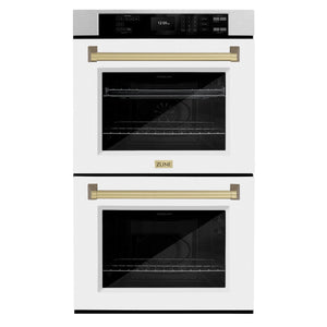 ZLINE - 30 in. Autograph Edition Professional True Convection Double Wall Oven with Air Fry and Self Clean in Satin Stainless Steel with White Matte Doors and Champagne Bronze Handles