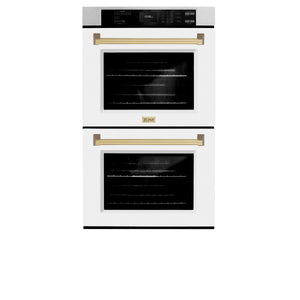 ZLINE - 30 in. Autograph Edition Professional True Convection Double Wall Oven with Air Fry and Self Clean in Satin Stainless Steel with White Matte Doors and Champagne Bronze Handles