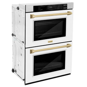 ZLINE - 30 in. Autograph Edition Professional True Convection Double Wall Oven with Air Fry and Self Clean in Satin Stainless Steel with White Matte Doors and Champagne Bronze Handles