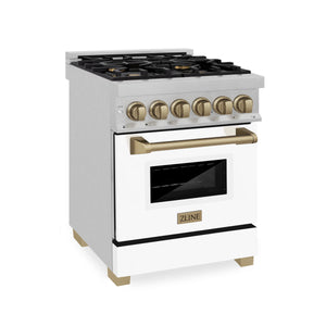ZLINE - Autograph Edition 24 in. 2.8 cu. ft. Legacy Dual Fuel Range with 4 Burner Gas Cooktop and Electric Convection Oven in Satin Stainless Steel with White Matte Door and Champagne Bronze Accents