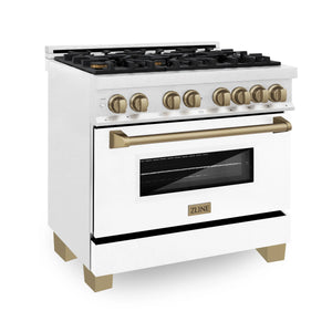 ZLINE - Autograph Edition 36 in. 4.6 cu. ft. Legacy Dual Fuel Range with 6 Burner Gas Cooktop and Electric Convection Oven in Satin Stainless Steel with White Matte Door and Champagne Bronze Accents