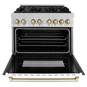 ZLINE - Autograph Edition 36 in. 4.6 cu. ft. Legacy Dual Fuel Range with 6 Burner Gas Cooktop and Electric Convection Oven in Satin Stainless Steel with White Matte Door and Polished Gold Accents