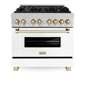 ZLINE - Autograph Edition 36 in. 4.6 cu. ft. Legacy Dual Fuel Range with 6 Burner Gas Cooktop and Electric Convection Oven in Satin Stainless Steel with White Matte Door and Polished Gold Accents