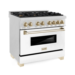 ZLINE - Autograph Edition 36 in. 4.6 cu. ft. Legacy Dual Fuel Range with 6 Burner Gas Cooktop and Electric Convection Oven in Satin Stainless Steel with White Matte Door and Polished Gold Accents