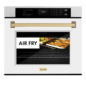 ZLINE - 30 in. Autograph Edition Professional True Convection Single Wall Oven with Air Fry and Self Clean in Satin Stainless Steel with White Matte Door and Champagne Bronze Handle