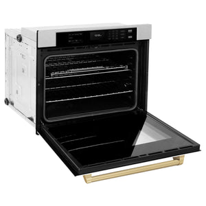 ZLINE - 30 in. Autograph Edition Professional True Convection Single Wall Oven with Air Fry and Self Clean in Satin Stainless Steel with White Matte Door and Champagne Bronze Handle