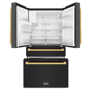 ZLINE - Autograph Edition 36 in. 21.6 cu. ft. Counter-Depth French Door Refrigerator with Water and Ice Dispenser in Fingerprint-Resistant Black Stainless Steel with Polished Gold Modern Handles