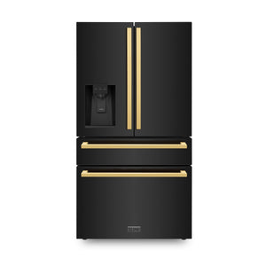 ZLINE - Autograph Edition 36 in. 21.6 cu. ft. Counter-Depth French Door Refrigerator with Water and Ice Dispenser in Fingerprint-Resistant Black Stainless Steel with Polished Gold Modern Handles