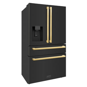 ZLINE - Autograph Edition 36 in. 21.6 cu. ft. Counter-Depth French Door Refrigerator with Water and Ice Dispenser in Fingerprint-Resistant Black Stainless Steel with Polished Gold Modern Handles
