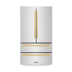 ZLINE - Autograph Edition 36 in. 22.5 cu. ft. Counter-Depth French Door Refrigerator with Ice Maker in Fingerprint-Resistant Stainless Steel with Polished Gold Modern Handles
