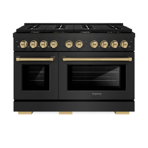 ZLINE - Autograph Edition 48 in. 6.7 cu. ft. Paramount Double Oven Dual Fuel Range with 8 Burner Gas Cooktop in Black Stainless Steel and Champagne Bronze Accents