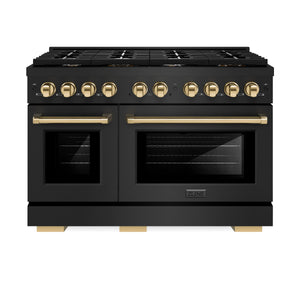 ZLINE - Autograph Edition 48 in. 6.7 cu. ft. Paramount Double Oven Dual Fuel Range with 8 Burner Gas Cooktop in Black Stainless Steel and Polished Gold Accents