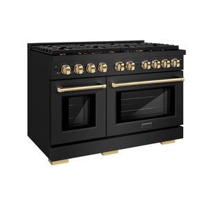 ZLINE - Autograph Edition 48 in. 6.7 cu. ft. Paramount Double Oven Dual Fuel Range with 8 Burner Gas Cooktop in Black Stainless Steel and Polished Gold Accents